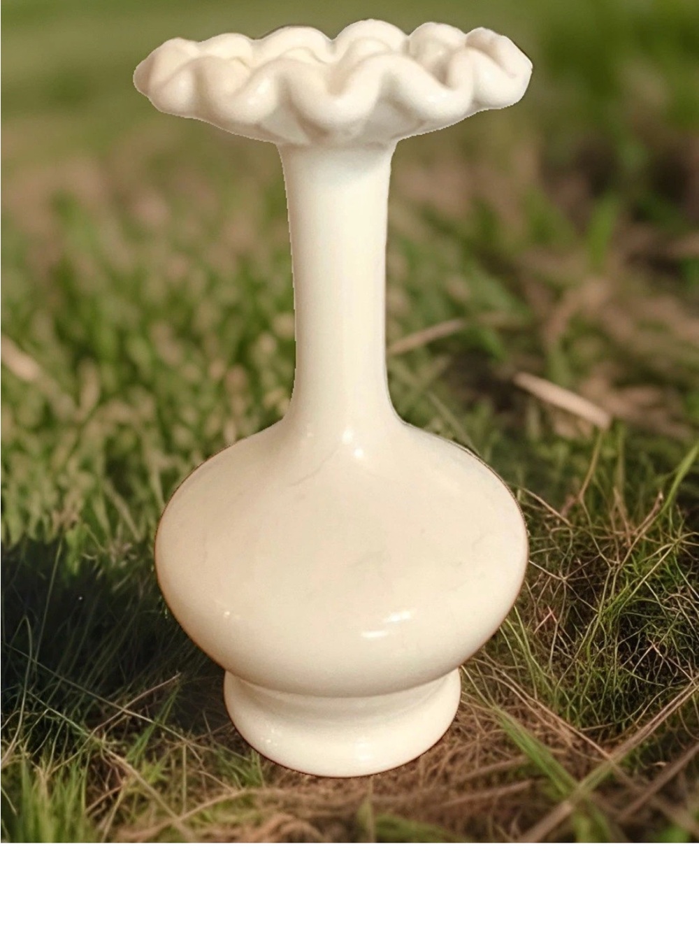 White Ruffled Milk Glass Bud Vase Long Neck Vintage
